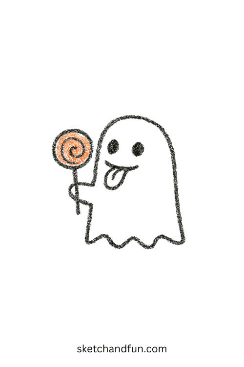 Sweet ghost holding candy, fun Halloween ghost drawing detail