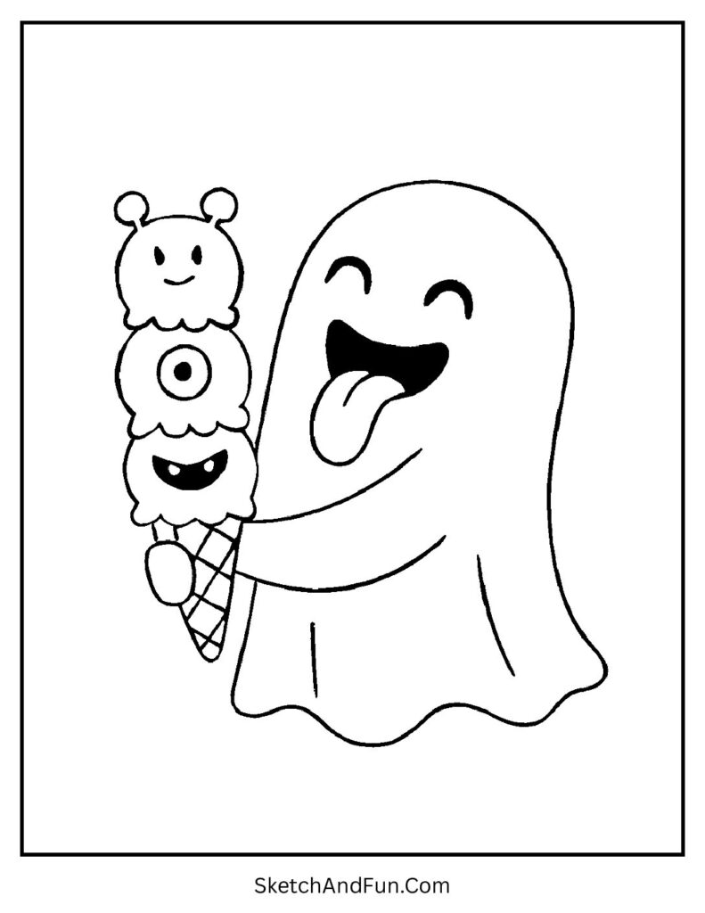 A ghost eating monster ice cream can be saved as part of your ghost coloring pages download.