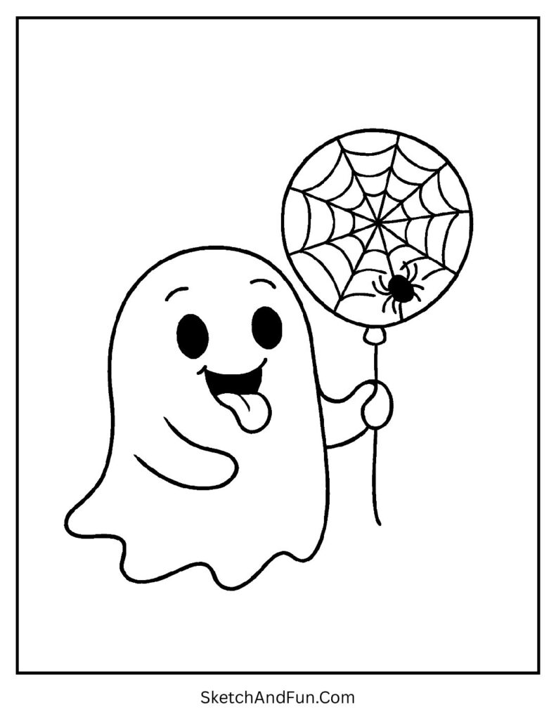 A ghost holding a spider web balloon makes an exciting ghost coloring page Halloween design.