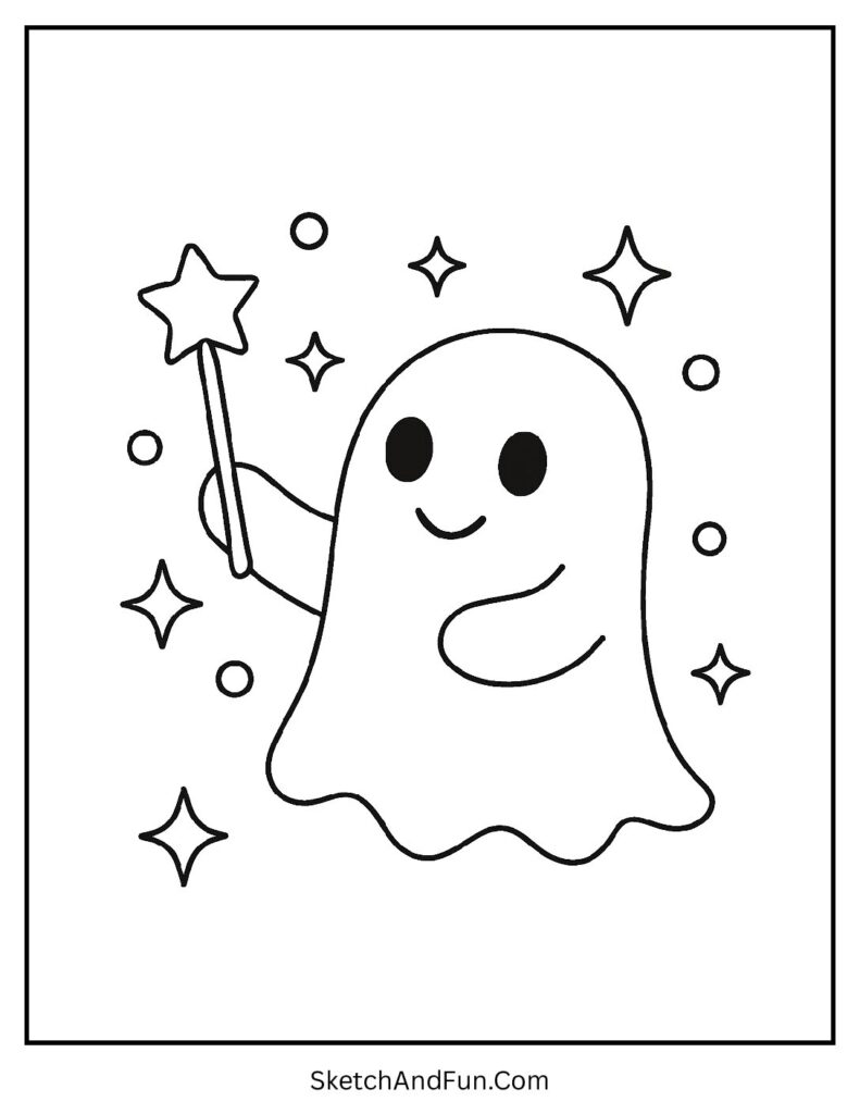 A magical ghost holding a star wand creates a dreamy ghost coloring page cute design.