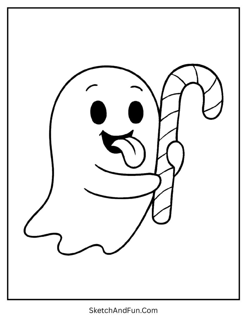 A happy ghost licking a striped candy cane makes one of the ghost coloring pages preschool kids enjoy.