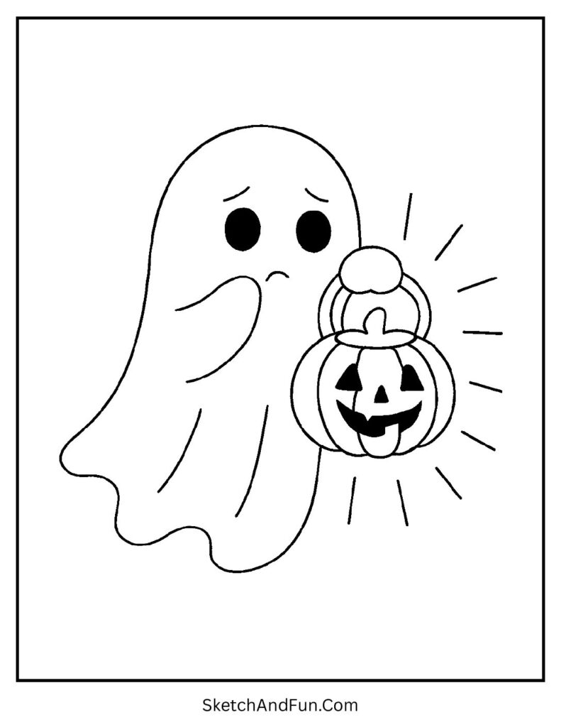 A ghost holding a lantern at night resembles coloring ghost house pictures for kids.