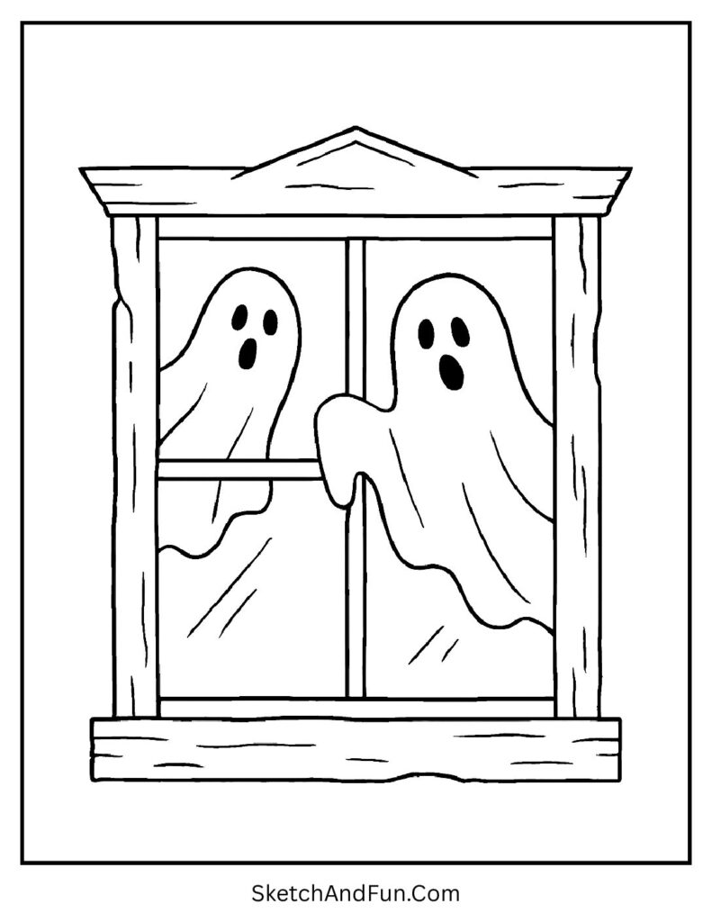 Transparent ghosts peeking from a window – boo coloring pages Halloween