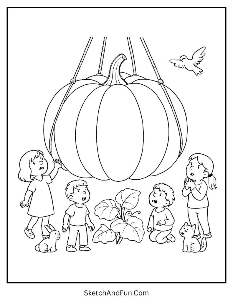 Enormous pumpkin with cheering kids for fall harvest coloring pages.