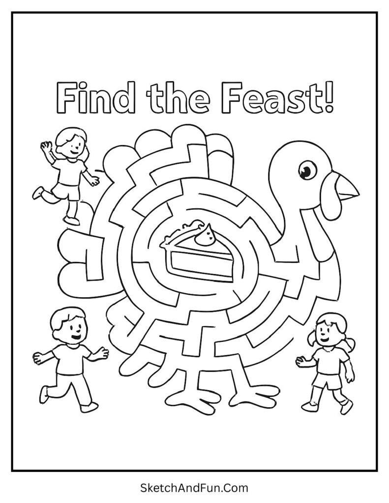Kids in turkey maze on Thanksgiving coloring pages PDF printable for group fun.