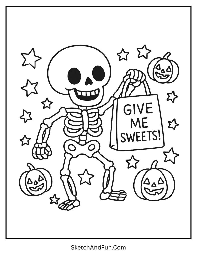 Skeleton with candy bag and stars for trick or treat vampire coloring page printable.