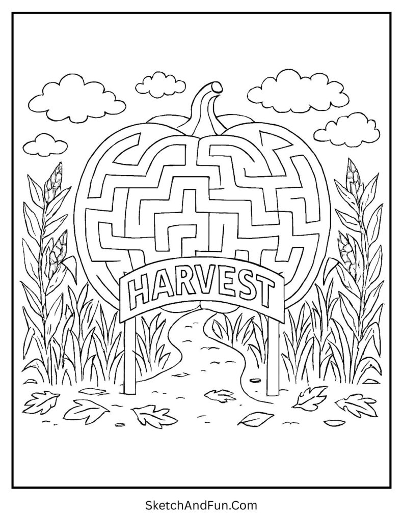 Corn maze with pumpkin design for corn harvest coloring pages.