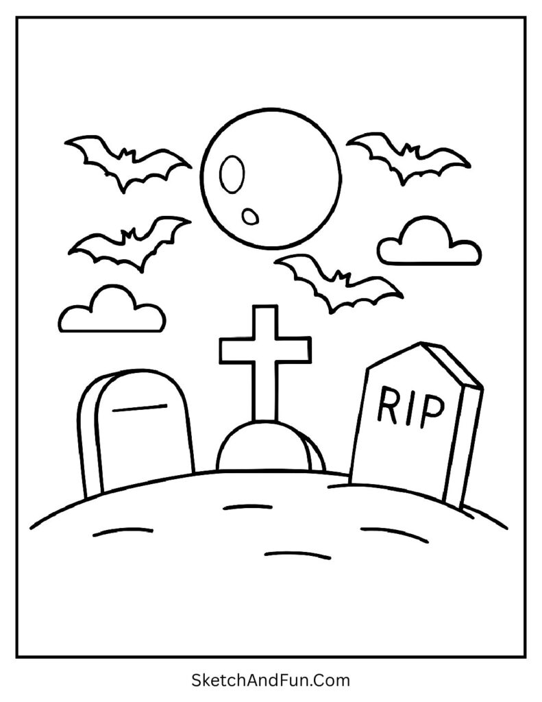A graveyard under a full moon with flying bats – spooky Halloween coloring pages