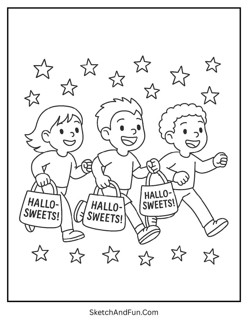 Children running with candy bags under stars for trick or treat coloring page classroom activity.