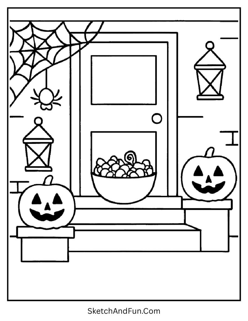 A decorated doorstep with webs and candy – Halloween coloring pages to print