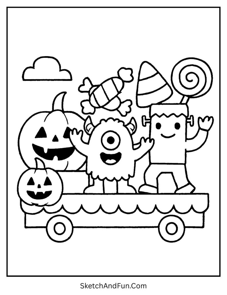 A Halloween parade float with monsters – Halloween parade coloring pages