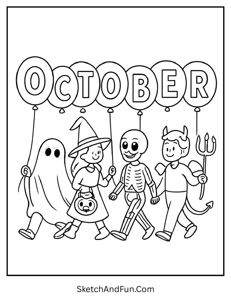 Kids in costumes holding balloons spelling “October” – October themed coloring pages