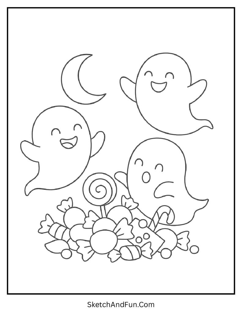 Ghosts above candy pile under moon for trick or treat coloring pages for adults.