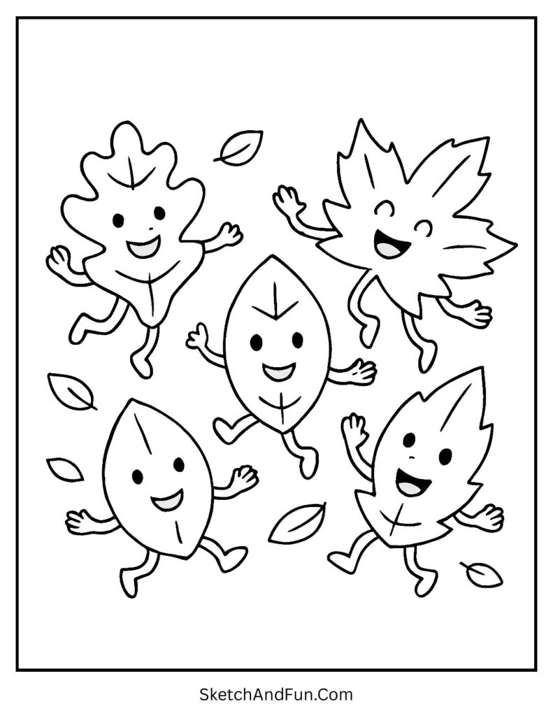 Simple fall coloring pages showing smiling leaves dancing in the breeze