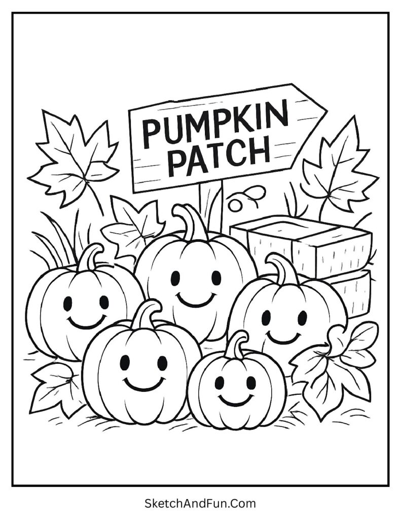 Pumpkin fall coloring pages with cute pumpkins, hay bales, and colorful autumn leaves 