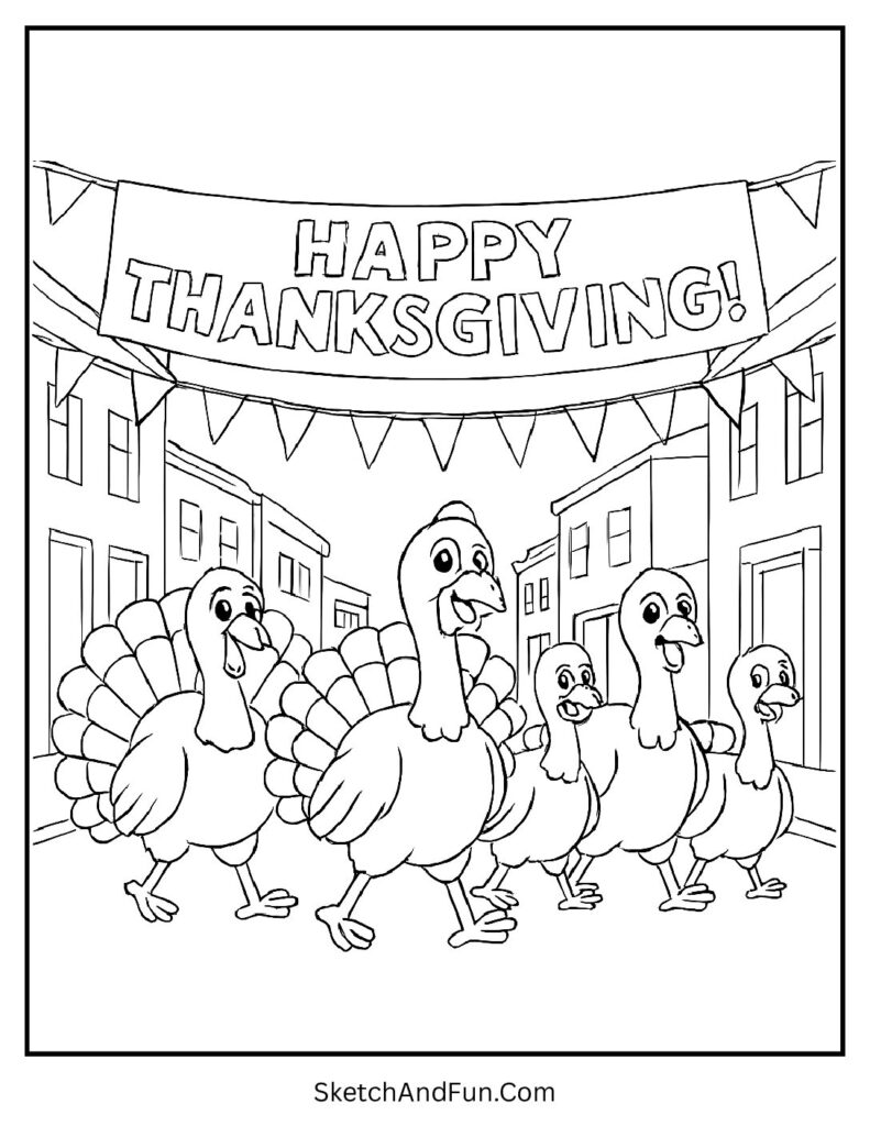 Happy turkeys marching with banners on Happy Thanksgiving coloring pages for kids.
