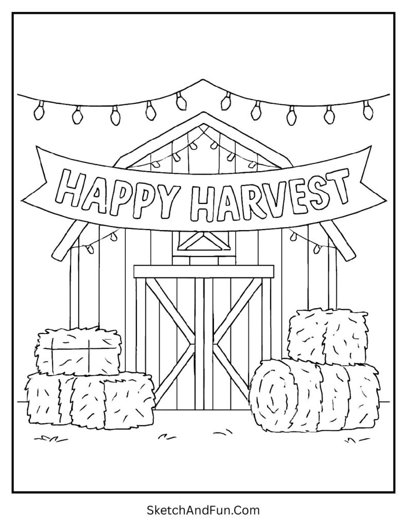 Red barn with lights and hay for harvest coloring pages preschool.
