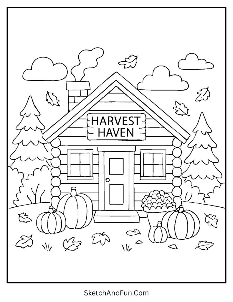 Cabin with fall trees for harvest coloring book printable.