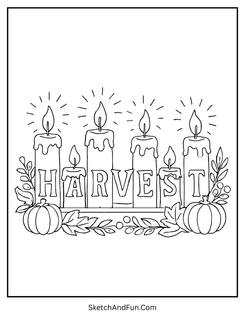 Cozy table with candles for harvest coloring pages Thanksgiving theme.