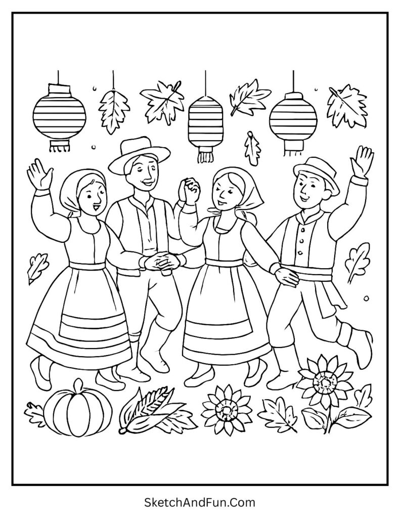 Village lantern dance scene for harvest scene coloring pages.