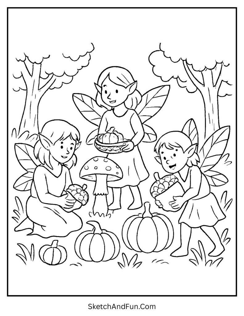 Fairies collecting pumpkins and acorns for harvest coloring pages nature.