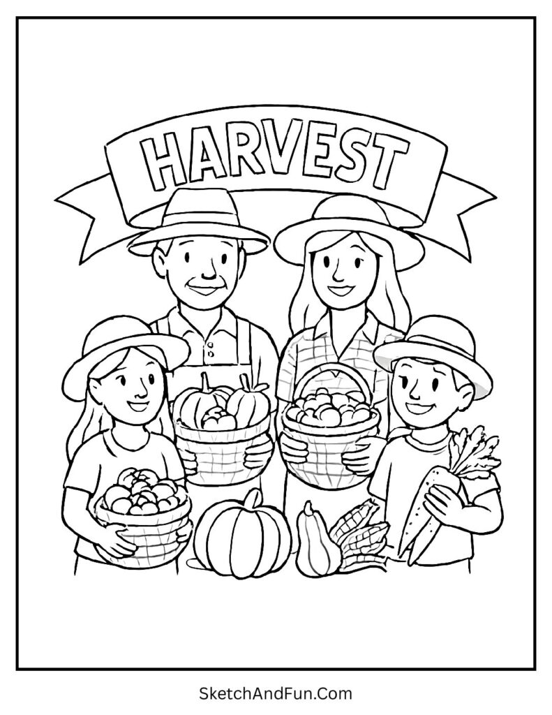 Farmers with baskets and banner for harvest coloring pages outline.