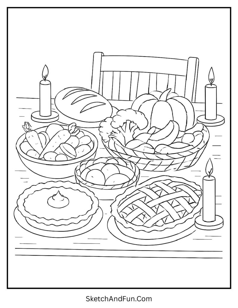 Autumn dinner table with pies and bread for harvest coloring pages adults.