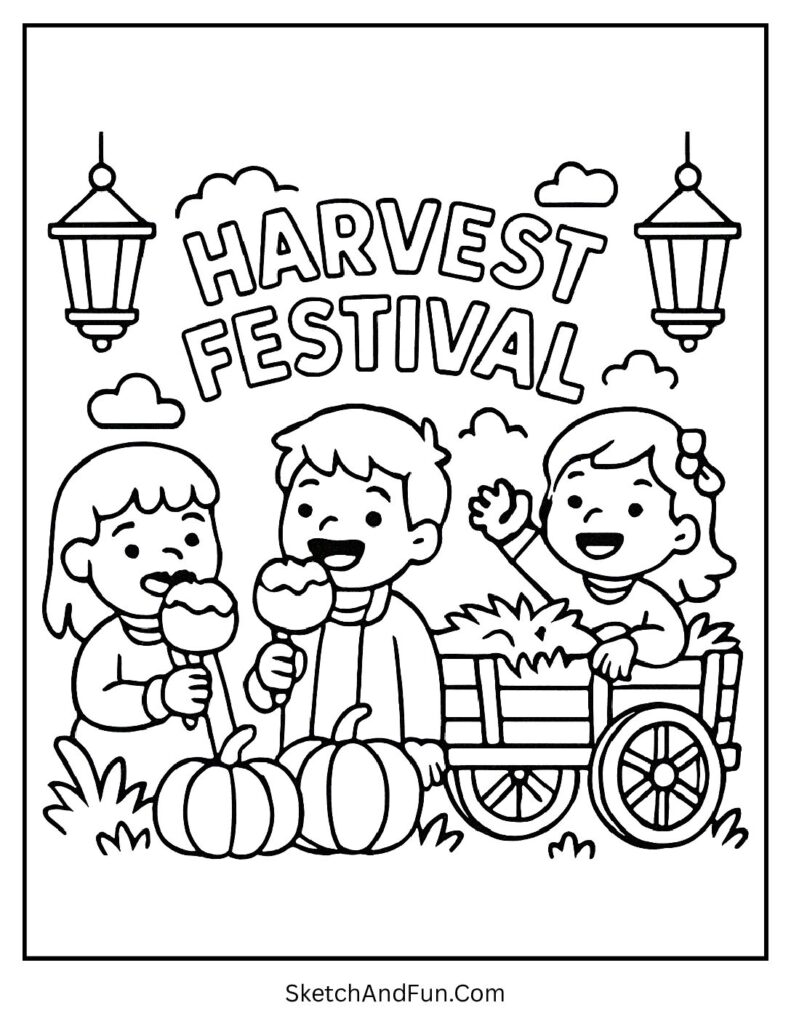 Harvest festival coloring pages showing kids enjoying hayrides, lanterns, and fall fun