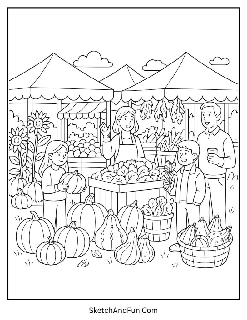 Fall market with pumpkins and apples for harvest festival coloring pages.