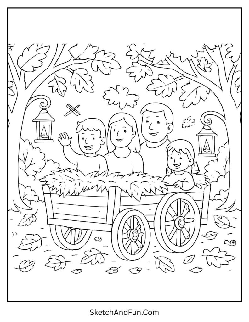 Family wagon ride with lanterns for harvest coloring pages seasonal.