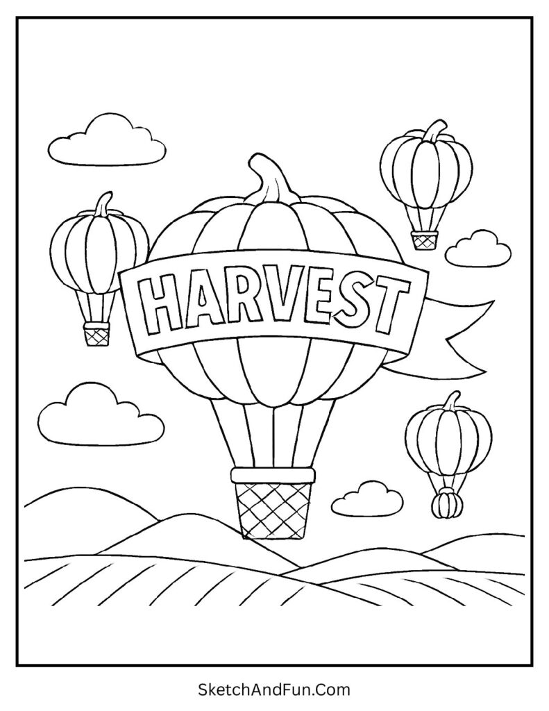 Pumpkin balloons over fields for harvest coloring pages seasonal.