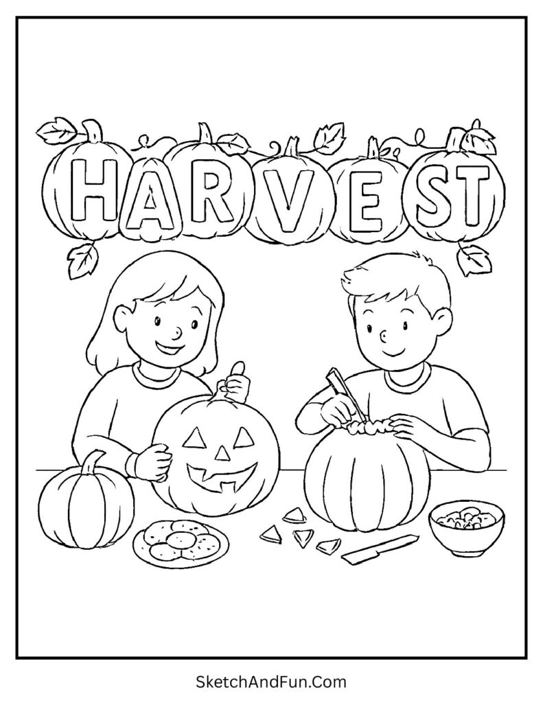 Kids carving pumpkins for harvest coloring pages kids printable.