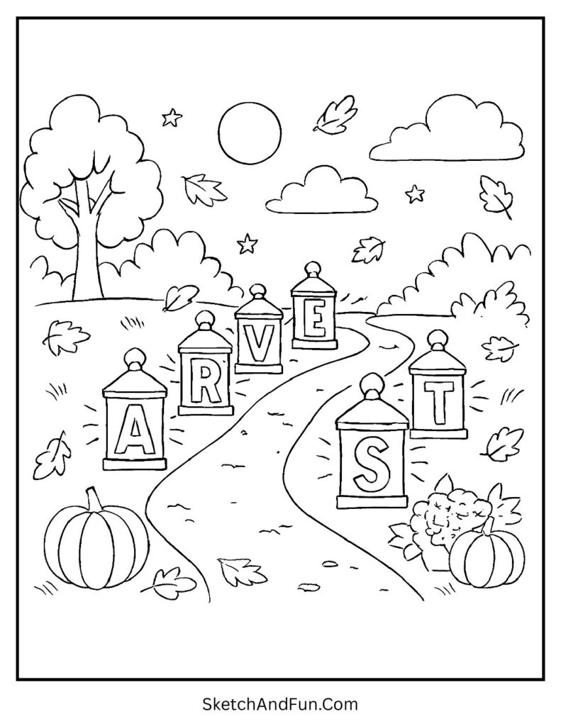 Squirrels and foxes with acorns for harvest coloring template.