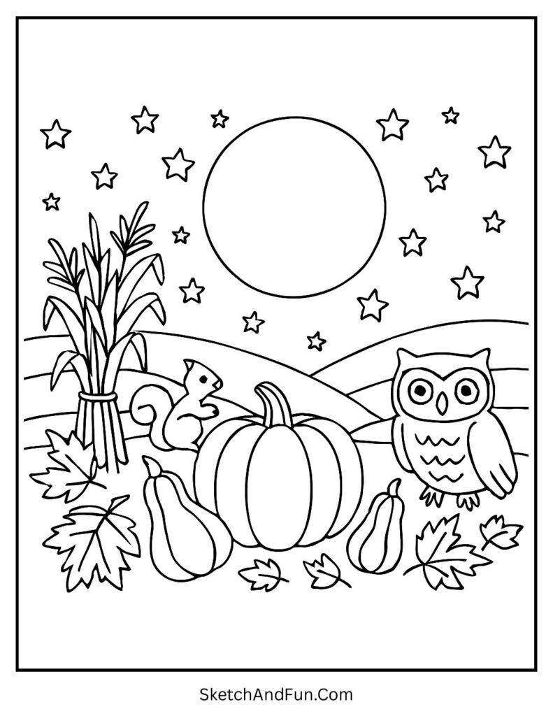 Fall coloring pages for adults with a glowing moon and peaceful woodland scene