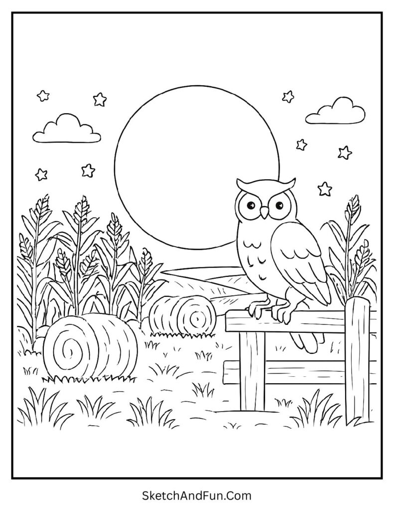 Full moon over golden fields with hay bales for autumn harvest coloring pages.