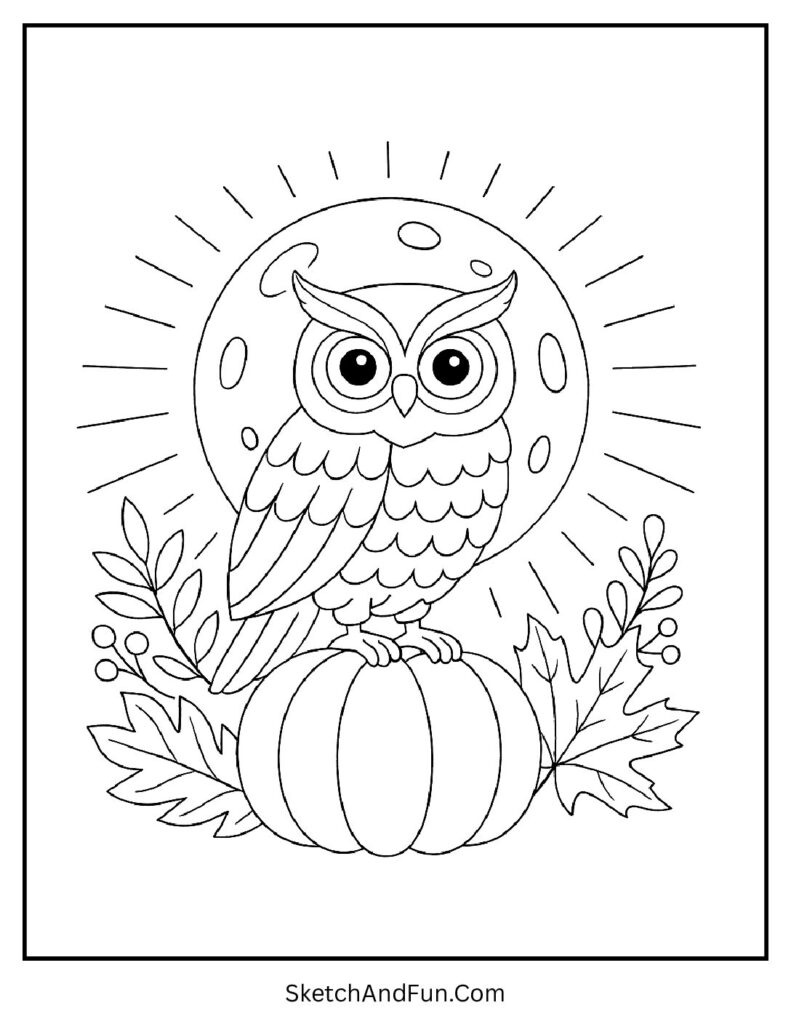Owl on pumpkin under full moon for harvest coloring pages clipart.