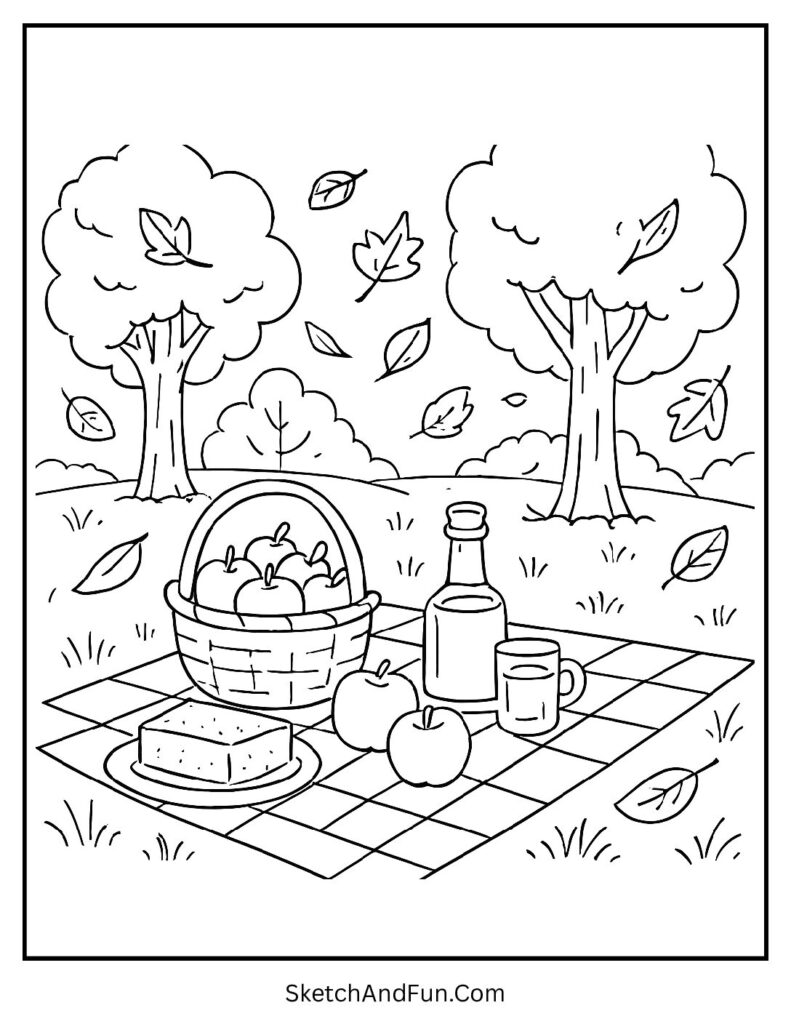 Picnic with apples and cider on thanksgiving coloring pages harvest theme outdoor.