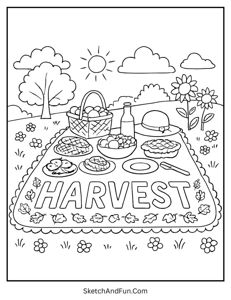 Picnic with apples and cider for harvest coloring pages kindergarten.