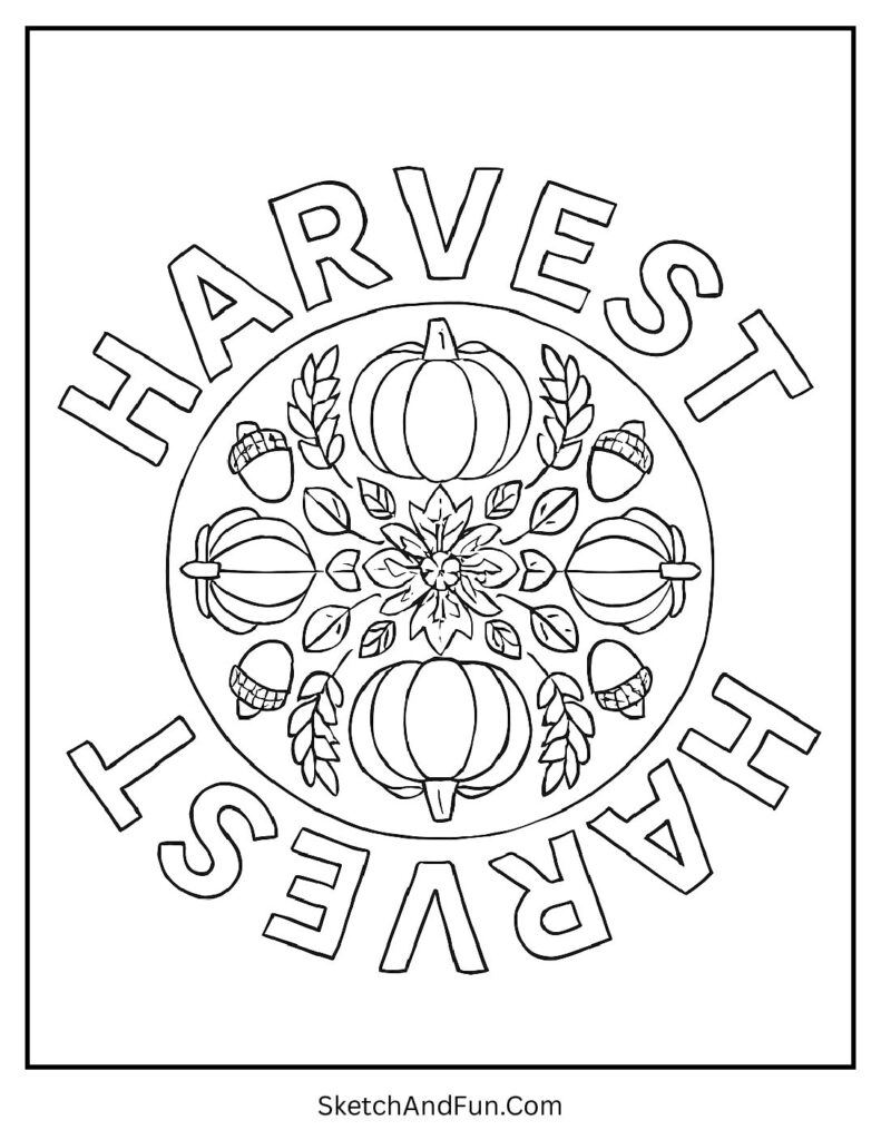 Pumpkin and wheat mandala design for detailed harvest coloring pages.