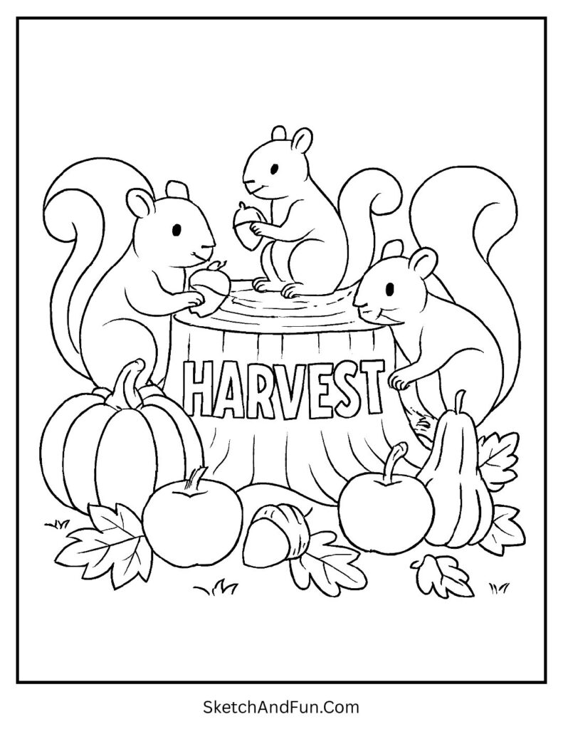 Squirrels eating seeds for educational harvest coloring pages