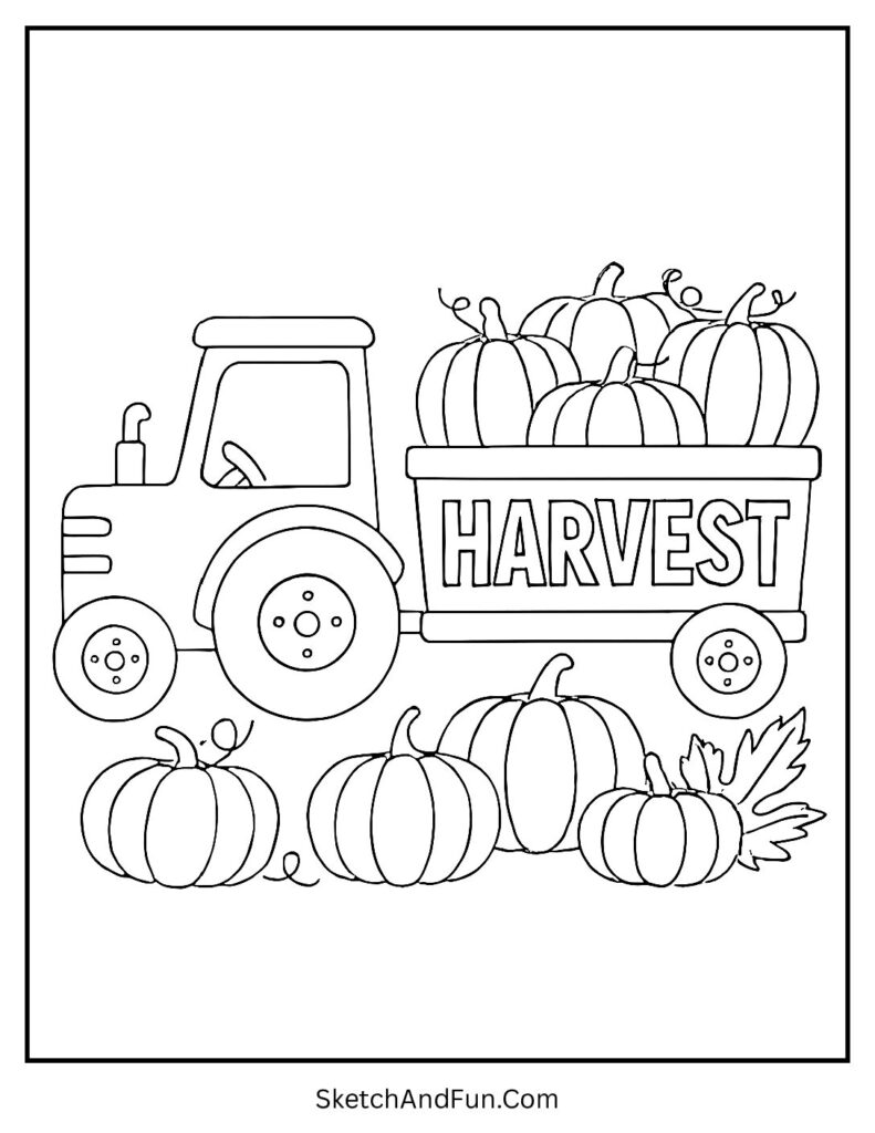 Tractor pulling pumpkins and corn for harvest coloring page pdf.