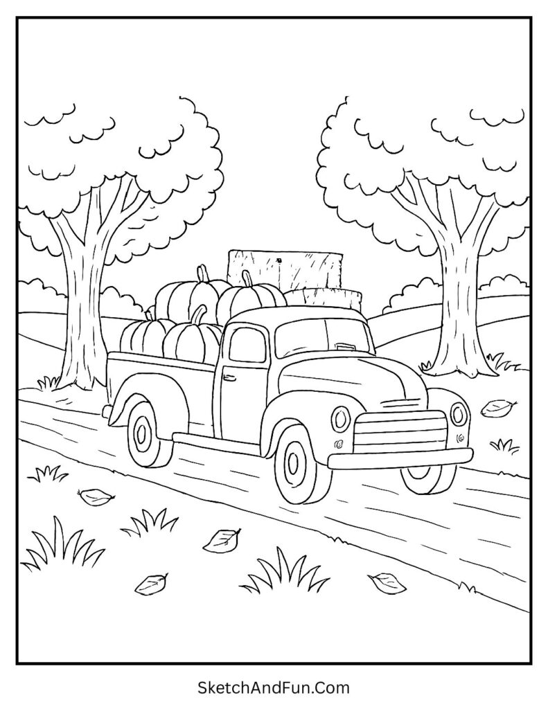 Pickup truck carrying pumpkins and hay for farm harvest coloring pages.