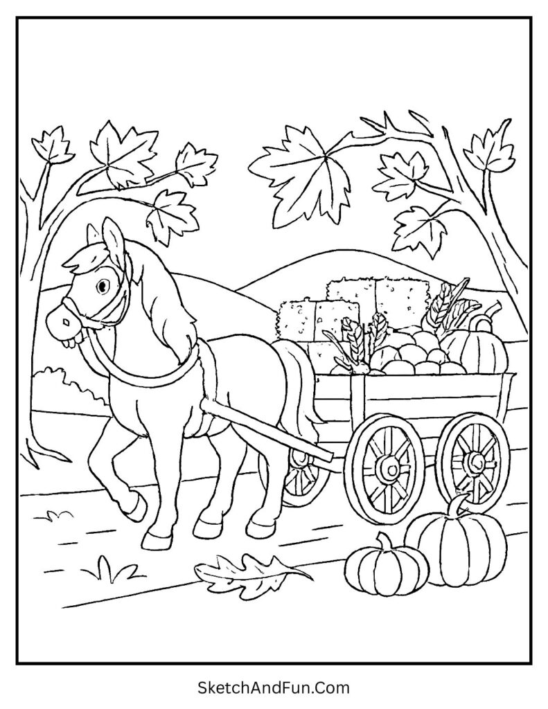 Wagon with harvest goods on harvest coloring pages Thanksgiving countryside theme.