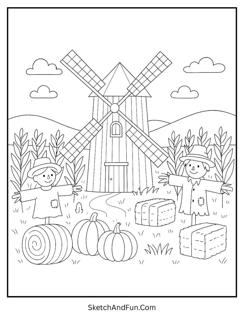 Wooden windmill beside ripe fields for rustic harvest coloring pages.