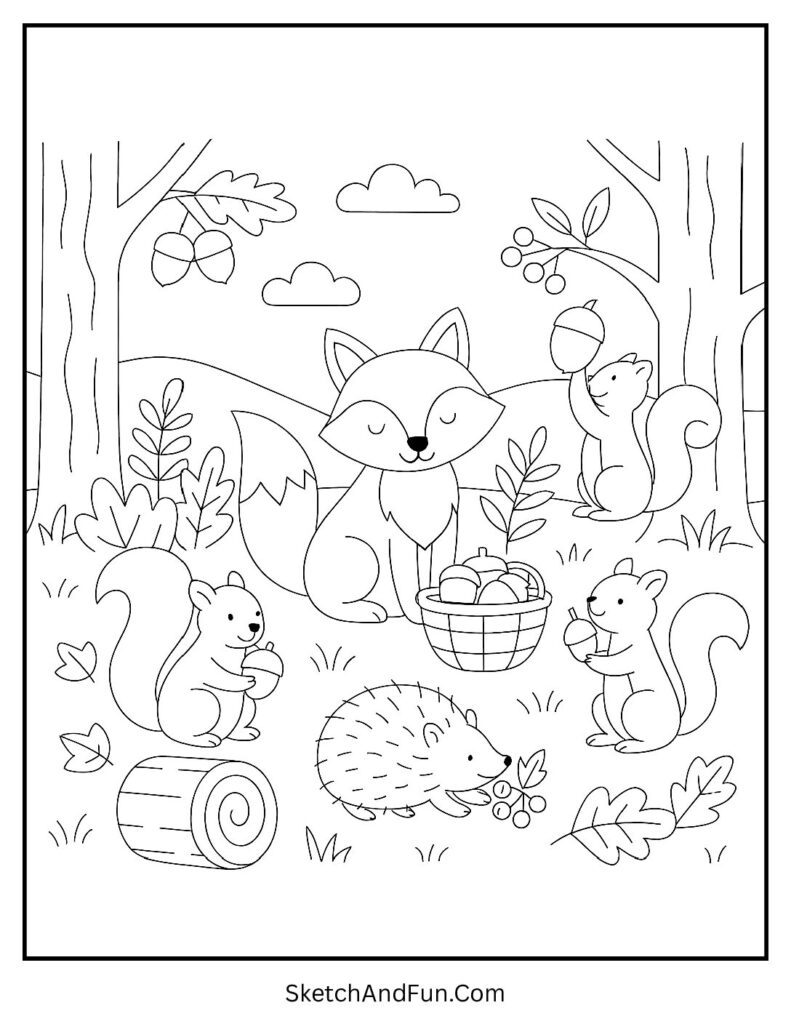 Squirrels and foxes with acorns for harvest coloring template.