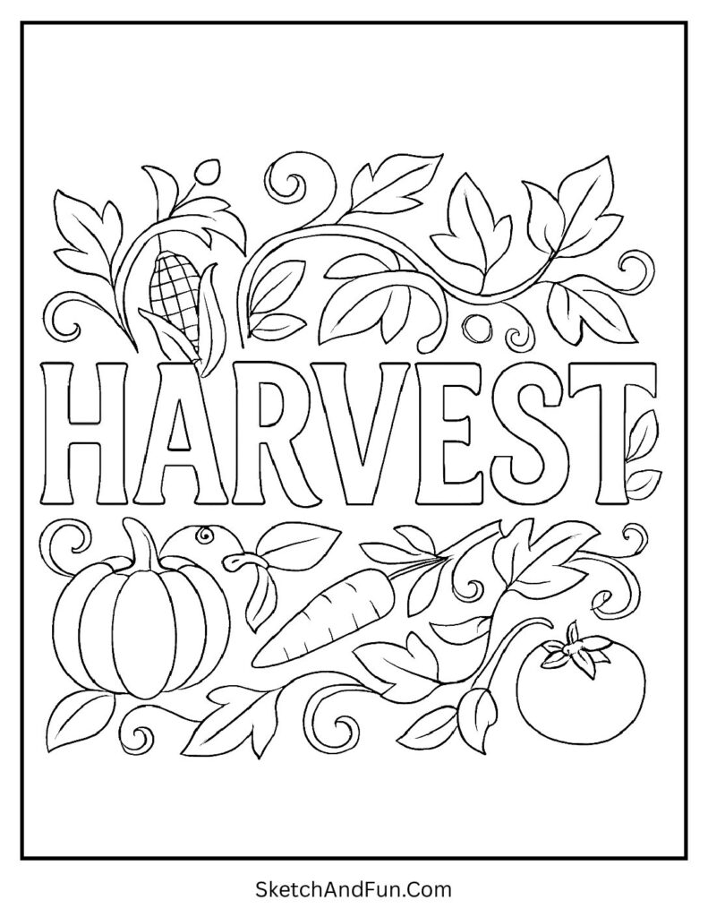 Decorative “HARVEST” word filled with vines for harvest coloring activity sheets.