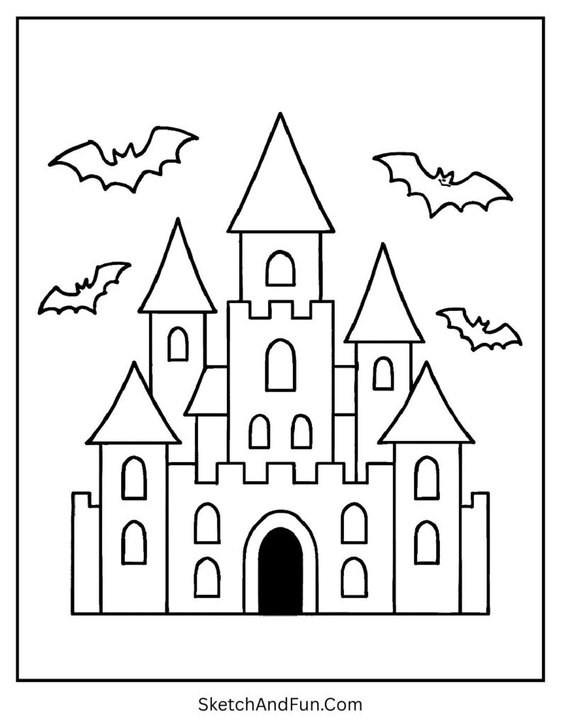 A haunted castle with glowing windows and bats – Halloween coloring pages printable
