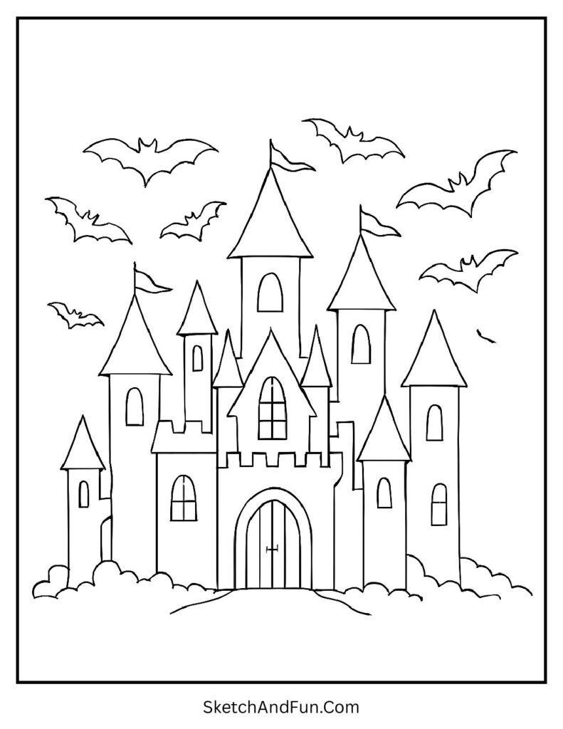 Flying bats in spooky haunted house coloring page.
