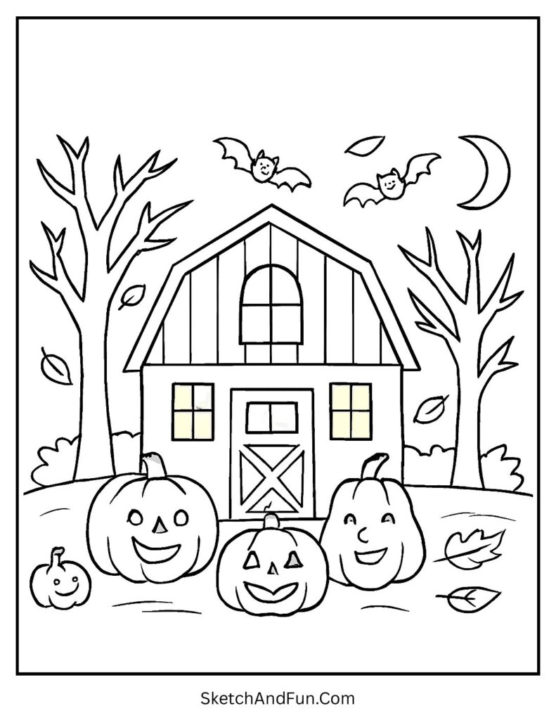 Seasonal coloring pages fall-themed with a spooky barn and silly ghosts