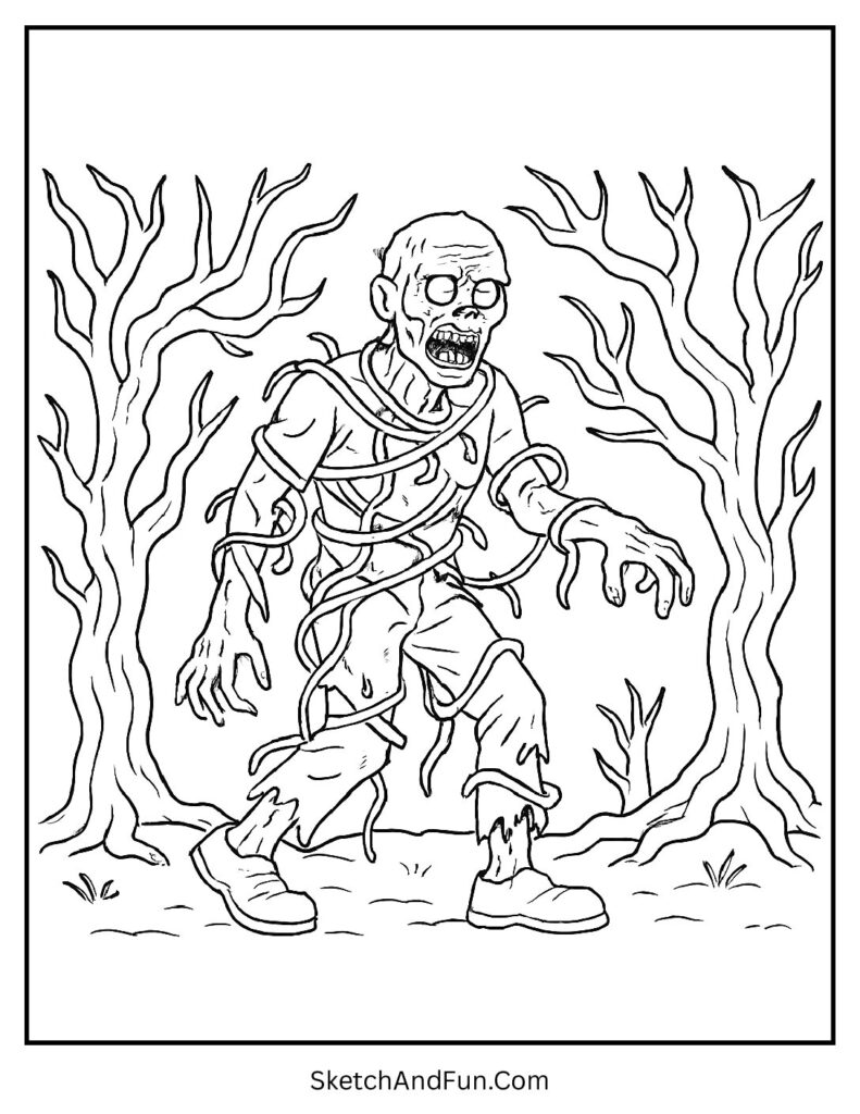 Zombie with tangled vines – undead zombie coloring pages for safe spooky fun.